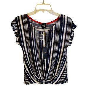 W5 Concepts Anthropologie Navy/Off White Striped Front Knotted Cap Sleeve Tee